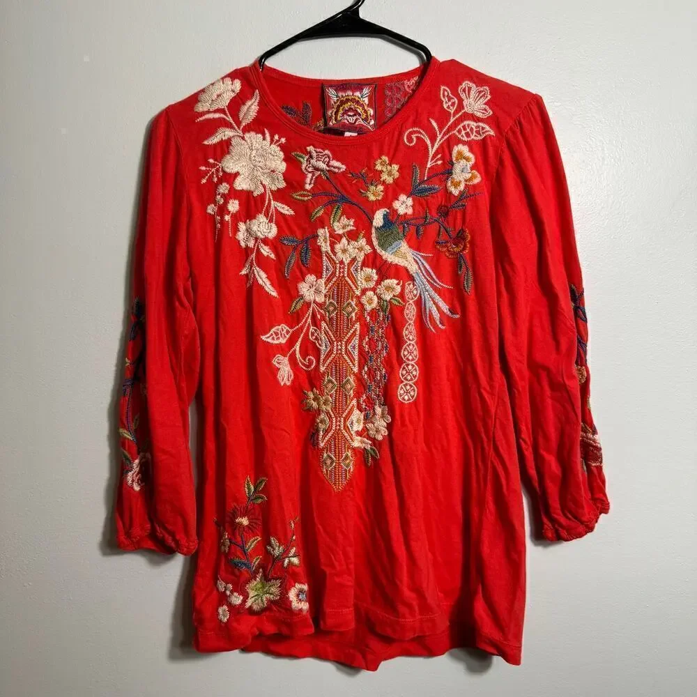 Johnny Was Ellia Cotton Embroidered Puff Sleeve Top